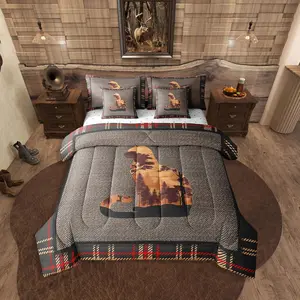 Cute Cat Comforter Set for Boys Girls Kids,Vintage Pet Animals 7 Pieces Bedding Set,Western Decor,Rustic Farmhouse Bed in a Bag Bed Set,Nature Woodland Pattern Grey Orange Sheet Set