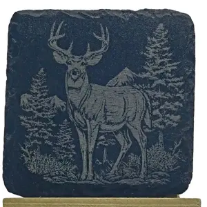 Laser Engraved White Tail Deer Slate 4x4 Coasters - Decorative Slate Tableware with Natural Design, Dark Gray Finish