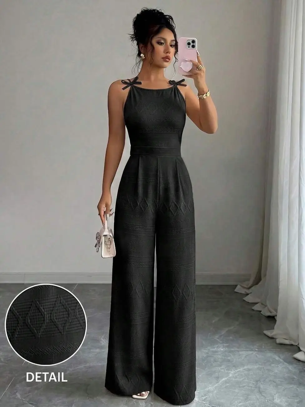Women's Elegant Jumpsuit With Shoulder Bow Decor, Jacquard Fabric, Cinched Waist, Wide Leg, Suitable For Daily Commute