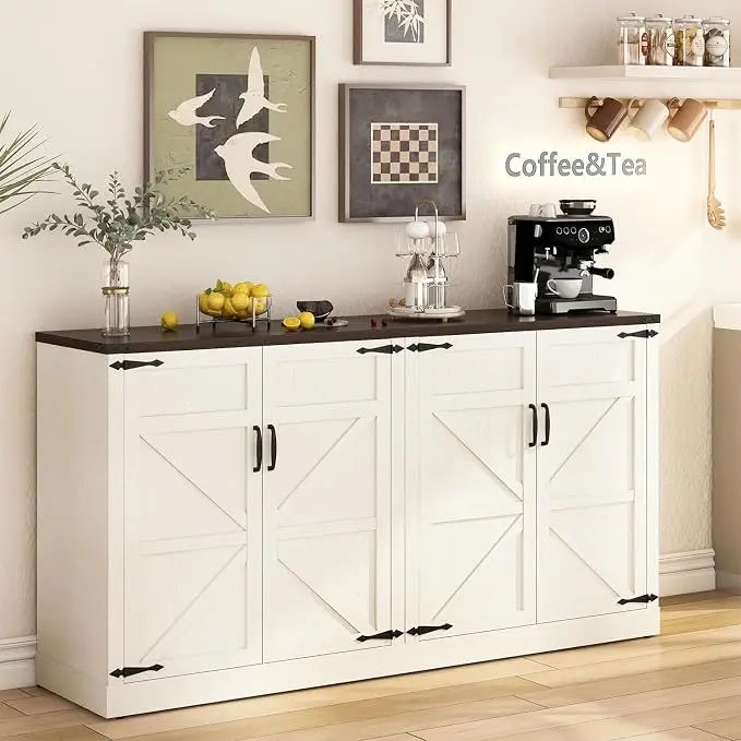 65" Sideboard Buffet Cabinet with Storage, Large Farmhouse Buffet Table Coffee Bar Cabinets, Modern Accent Cabinet with Adjustable Shelf and 4 Doors, for Kitchen, Dining Room, Living Room