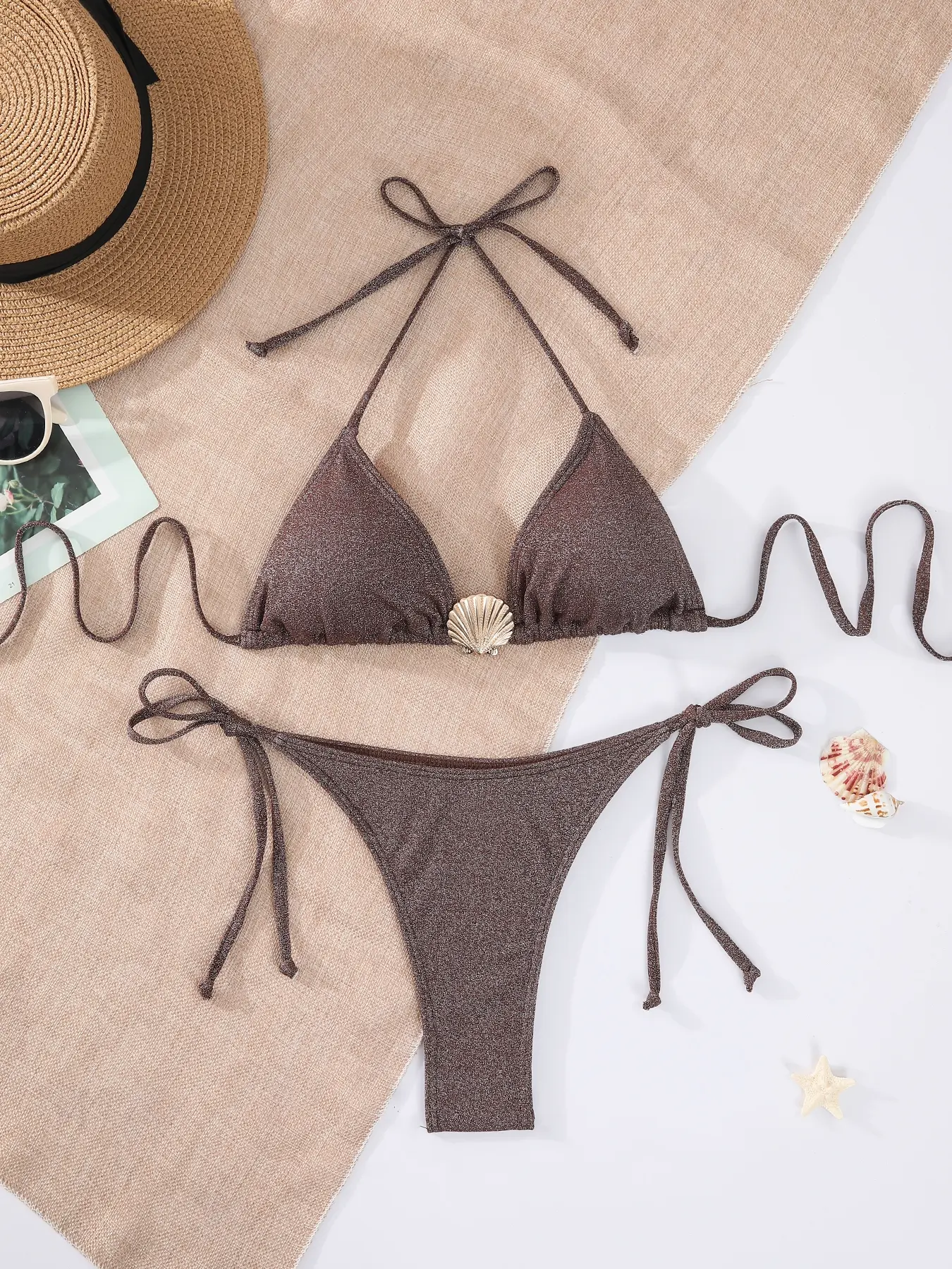Women's Sexy Halter Swimsuit Style Bikini Set with Shell Decorations, Plain Color Triangle Cups, Perfect for Beach and Poolside