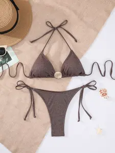 Women's Sexy Halter Swimsuit Style Bikini Set with Shell Decorations, Plain Color Triangle Cups, Perfect for Beach and Poolside