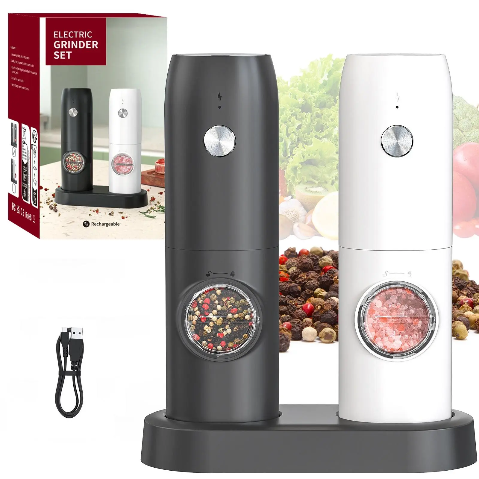 Electric Salt & Pepper Grinding Tool Set, USB Rechargeable Automatic Salt & Pepper Mill, Household Kitchen Appliances for Cooking, Kitchen Accessories, Kitchen Gadgets, Salt Pepper Shakers, Kitchenware