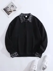 Vintage Plaid Collar Fake Two-Piece Sweatshirt, Retro Style Henley Pullover, Men's Casual Streetwear Long Sleeve Top, Comfortable and Stylish