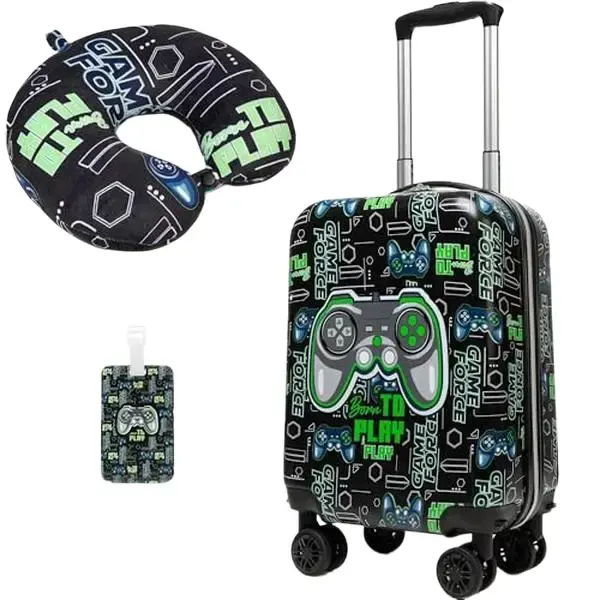 Perfect Travel Gift for Boys! Gaming Controller 3-Piece Luggage Set | Hardside Carry-On Suitcase with Neck Pillow & Luggage Tag | Kids Vacation Trolley smooth zipper