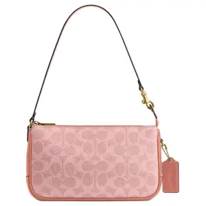 COACH Plaza 22 Printed Shoulder Bag for Women – Golden Hardware, Coated Canvas and Calfskin Blend, Melon Pink