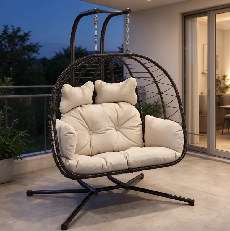 Double Hanging Egg Chair with Cushion, 700lbs Capacity - Foldable Patio Chair with Handwoven PE Wicker & Rust-Proof Frame, for Garden, Porch, Backyard Soft Lounge Swing
