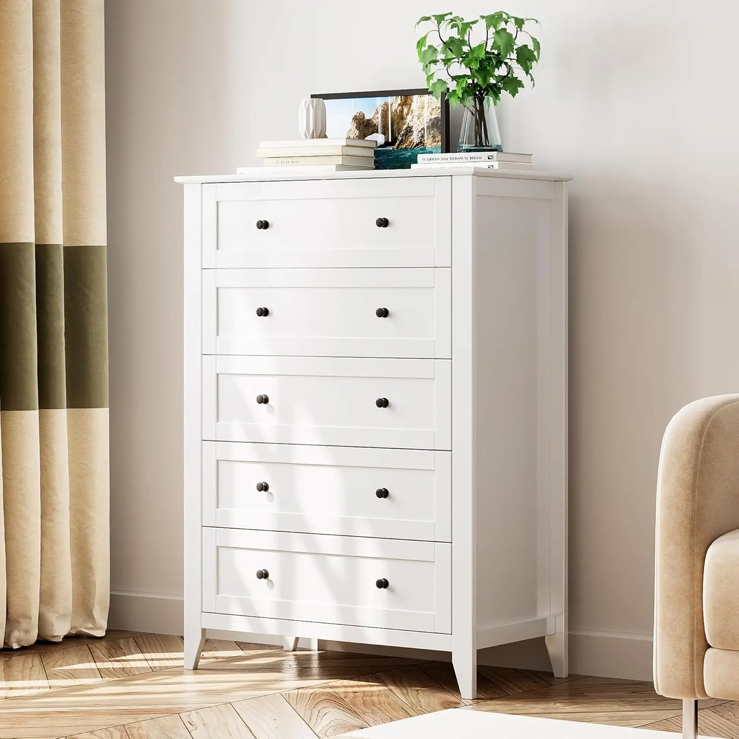 Tall Dresser for Bedroom with 5 Drawer, Modern Tall Wooden Chest of Drawers with Deep Drawers & Metal Knobs, Tall Wood Storage Dresser Organizer for Living Room Hallway Entryway Closet