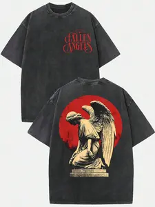 230g Heavyweight 100% Cotton T-Shirt for Men & Women - Gothic Angel & Fallen Angel Wings Print, Oversized Streetwear Tee with Savior/Praying Angel Gra