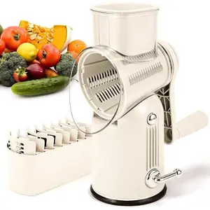[New Deal] Rotary Cheese Grater with Handle, 5 Interchangeable Blades, Strong Suction Base, White Food Slicer & Chopper Steel Utensils