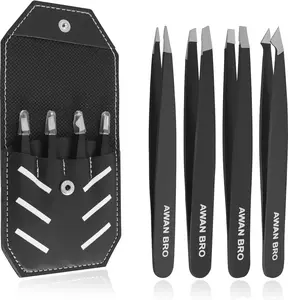 Premium Eyebrow Tweezers Set – Stainless Steel 4 Piece Black Tweezers for Women Facial Hair, Tweezer for Men & Women Perfect for Eyebrow Shaping - Includes Carrying Case & 4 Types of Tweezer.