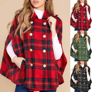 Womens Plaid Jacket Double Breasted Winter Cape Coats Turn Down Poncho with Pockets
