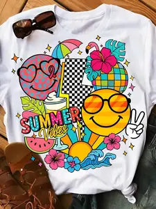 Women's Vintage Tropical Palm Tree T-Shirt - Short Sleeve Round Neck Blouse-Compatible Top Suitable for Beach Outfits, Casual Summer Vacation Wear with "Oh Summer Time" Print, Machine Washable Spring/Autumn Wardrobe Essential