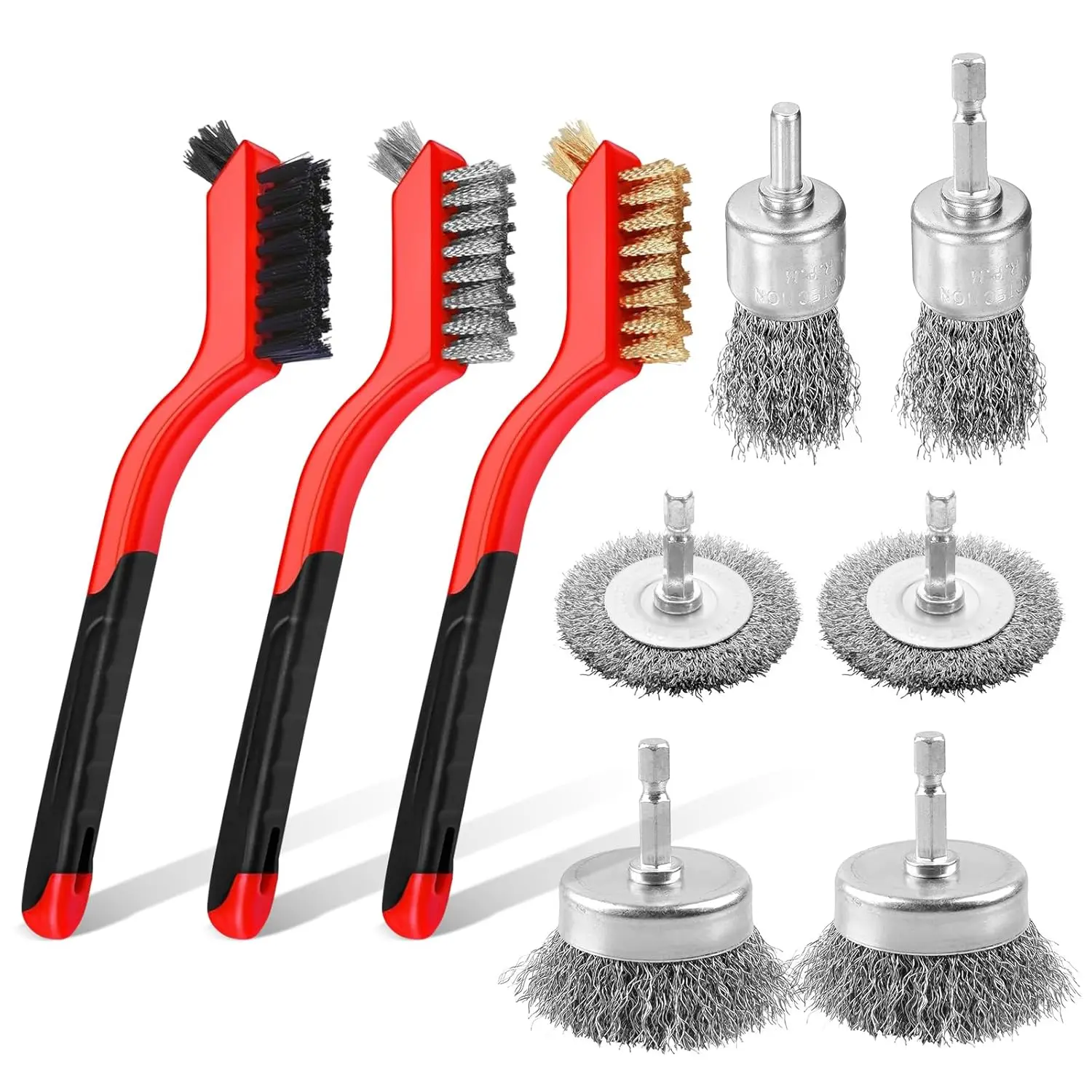 9 count Wire Brushes for Cleaning Rust, Small Wire Brush, Wire Wheel for Drill Steel Brush for Cleaning with Nylon, Brass, Stainless Steel, and Carbon Steel Bristles - 7-Inch Handle & 1/4-Inch Hex Shank