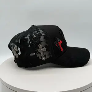 BLACK Luxury Diamonds Hat with Cross Design and Sequins