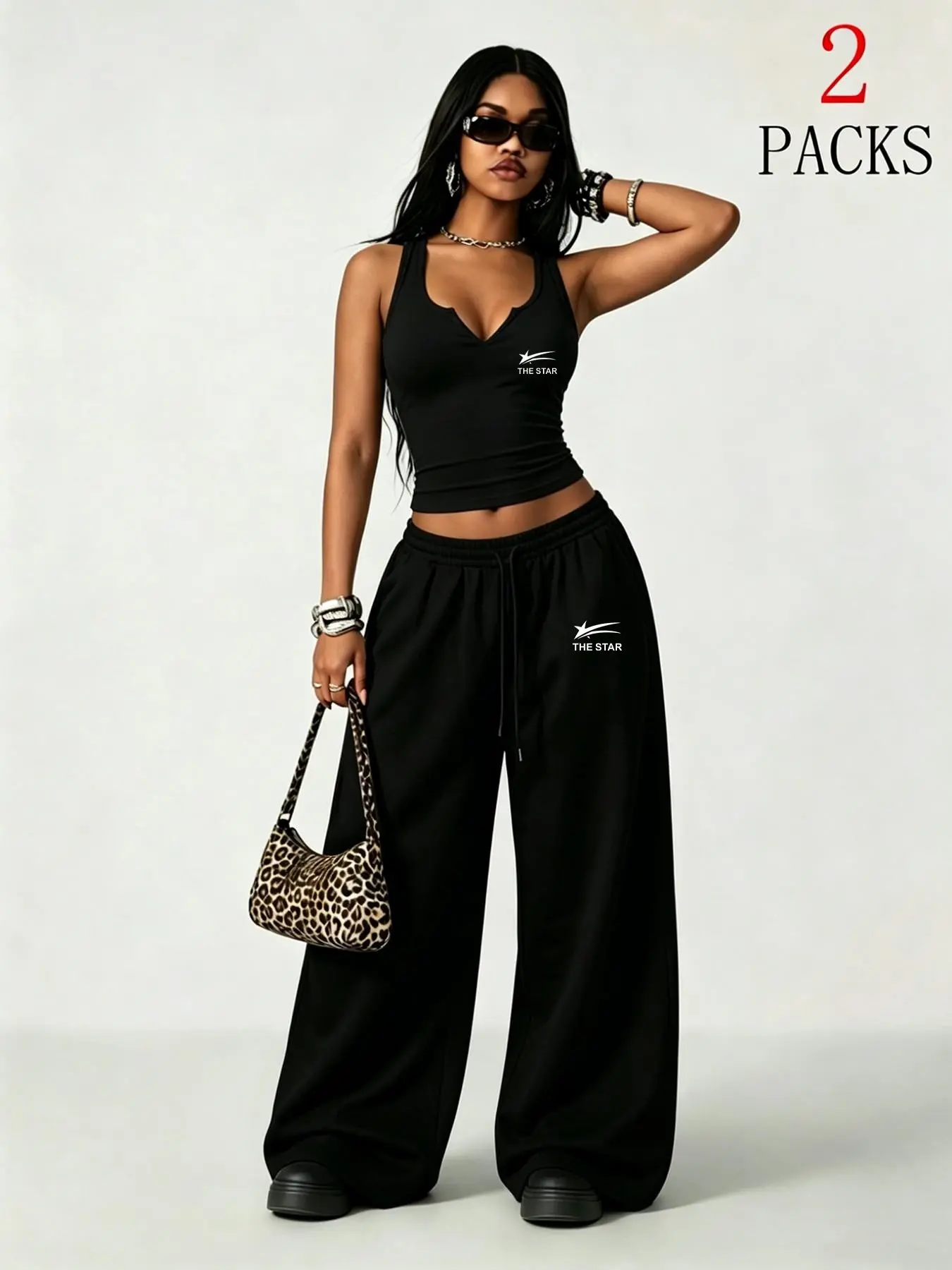 Women's Y2K Style 2-Piece Matching Set, V-Neck Tank Top with Star Print, High-Waisted Wide-Leg Pants, Streetwear Fashion, Trend