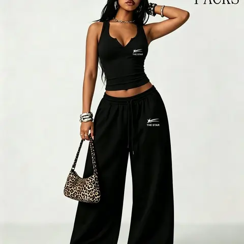 Women's Y2K Style 2-Piece Set, V-Neck Star Print Tank Top with High-Waisted Wide-Leg Pants, Trendy Streetwear Outfit Clothes