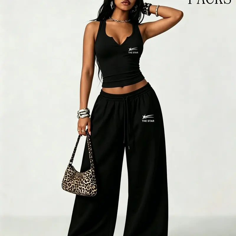 Women's Y2K Style 2-Piece Set, V-Neck Star Print Tank Top with High-Waisted Wide-Leg Pants, Trendy Streetwear Outfit Clothes