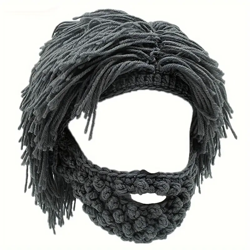 Attached Straight Hair Wig Acrylic Beanie with Knitted Beard, Punk Style Fun Party Ski Mask Hat for Halloween, Christmas, and Holiday Celebrations