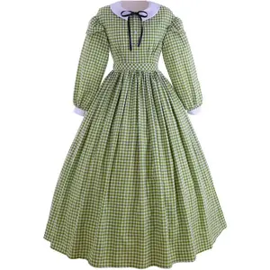 Women's Civil War Dress Victorian Dickens Costume 1860s Blue and Multi-color Plaid Long Dress