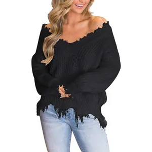 Womens Loose Knitted Off The Shoulder Sweater Solid V Neck Long Sleeve Pullover Ripped Crop TopGift