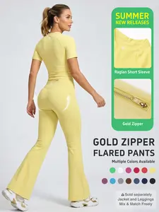 Uncia Active Women's Sports Sweat Suit - Raglan Short Sleeve Yoga Top & Gold-Color Zipper Flared Pants, High-Stretch Moisture-Wicking Skin-Friendly Outfit for Daily Exercise