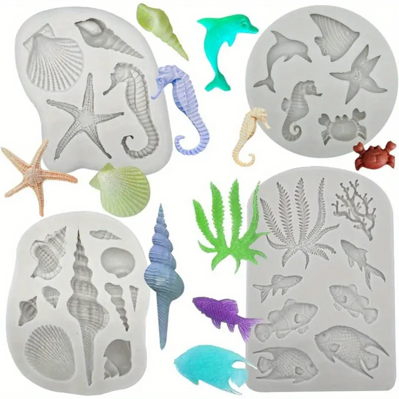 4pcs ocean themed silicone molds, Sea creature molds, seaweed, fish, crab, coral, conch, shell shaped silicone molds, DIY tools, resin casting molds, suitable for polymer clay, DIY crafts, soap making, candle creation, - durable and easy to use