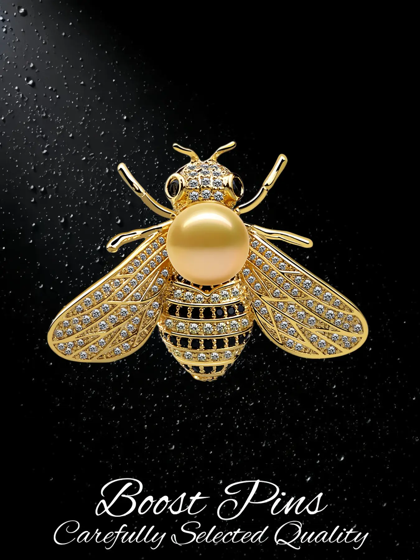 Gold Tone Honey Bee Elegant Brooch for Women, Large Pearl with Full Paved Clear Rhinestone & Black Enamel Stripes, Insect Statement Lapel Pin, Fashion Jewelry for Coat Scarf, Birthday Gift for Her, Jewellery