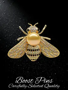 Gold Tone Honey Bee Elegant Brooch for Women, Large Pearl with Full Paved Clear Rhinestone & Black Enamel Stripes, Insect Statement Lapel Pin, Fashion Jewelry for Coat Scarf, Birthday Gift for Her, Jewellery
