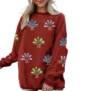 Women's Thanksgiving Outfit Turkey Sequins Corded Baggy Sweatshirt Long Sleeve Crew Neck Winter Holiday Casual Pullover Tops Womenswear Everyday