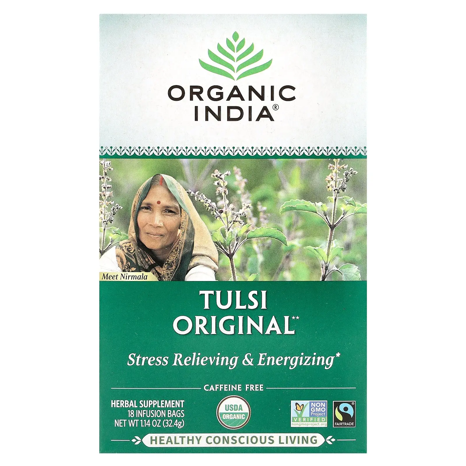 Organic India Tulsi Original Tea, Caffeine-Free, 18 Infusion Bags, 1.14 oz (32.4 g)