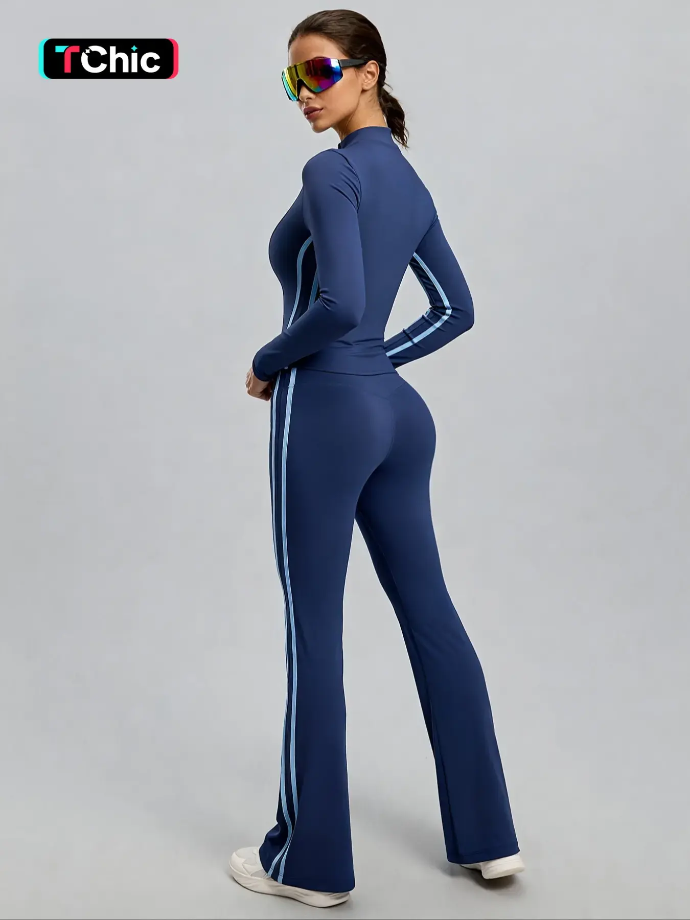 Women's Two-Piece Sportswear Set, Modern Sportswear, Slim Fit Striped Jacket & Flared Pants, High Waist Long Sleeve, Casual Fitness Wear, Athleisure Tracksuit Outfit, All Seasons