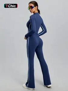 Women's Two-Piece Sportswear Set, Slim Fit Striped Jacket & Flared Pants, High Waist Long Sleeve, Casual Fitness Wear, All Seasons