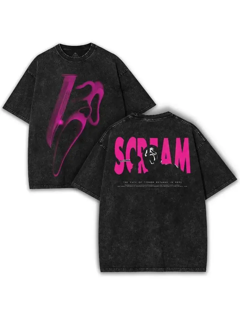 Vintage Washed Double Sided Scream Ghostface Knife Graphic Tee,Oversized Horror Movie Shirt,Y2K Pink Retro Terror Short Sleeve For Horror Film Fans Unisex Relaxed Fit Stylish Streetwear