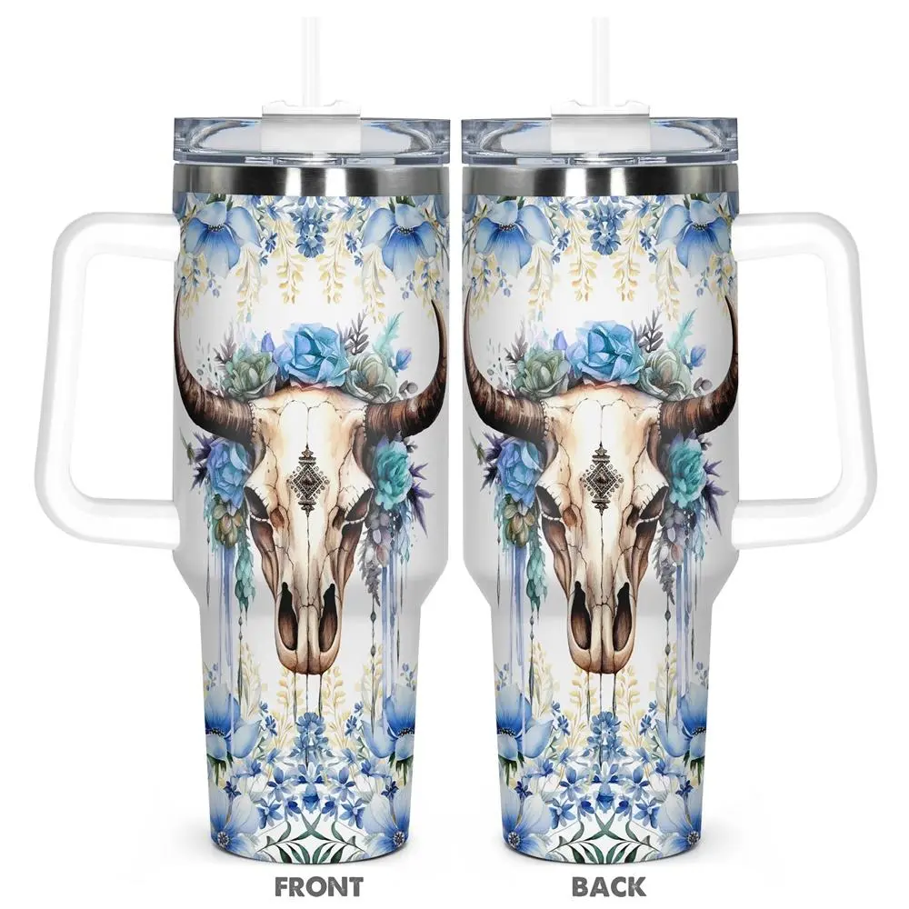 40oz Tumbler, 1pc Gift, Stainless Steel Cup, Insulated and Durable, Cow skulls design, Surrounded by blue flowers, Perfect Gift for Women, Girls, Cow skulls Lover Gift, Birthday Gift for Her, Elegant Drinkware