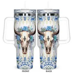 40oz Tumbler, 1pc Gift, Stainless Steel Cup, Insulated and Durable, Cow skulls design, Surrounded by blue flowers, Perfect Gift for Women, Girls, Cow skulls Lover Gift, Birthday Gift for Her, Elegant Drinkware
