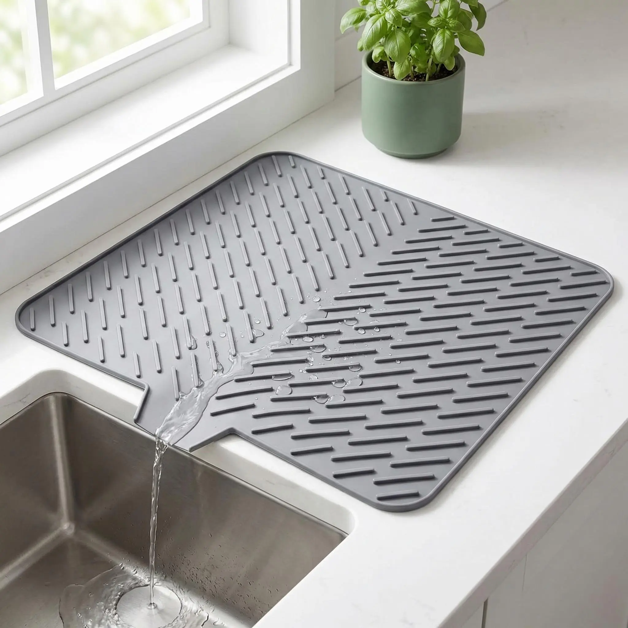Silicone Drying Mat, 23"X17" With Built-in Drain Lip,Heat-Resistant,Eco-friendly,Hygienic Drying Pad,Leak-Proof and Non-Slip,Silicone Dish Drying Mat for Kitchen Counter or Sink（Gray 23X17）