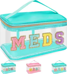 Chenille Letter Bag Clear MEDS Makeup Pouch, Preppy Small Medicine Bag Travel Drugs Pills Zipper Pouch with Handle, Nylon Waterproof Portable Meds Bag Toiletry Organizer for Patient Nurse(MEDS-Green)