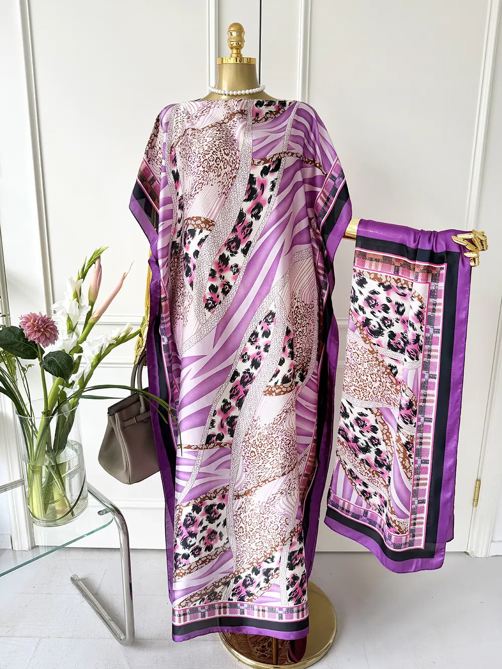 Women's Leopard Print Long Sleeve Kimono & Scarf Set, Casual Open Front Outerwear & Shawl, Ladies Clothes for Beach Vacation, Beach Swimsuit Cover, Womenswear, Leopard Pattern