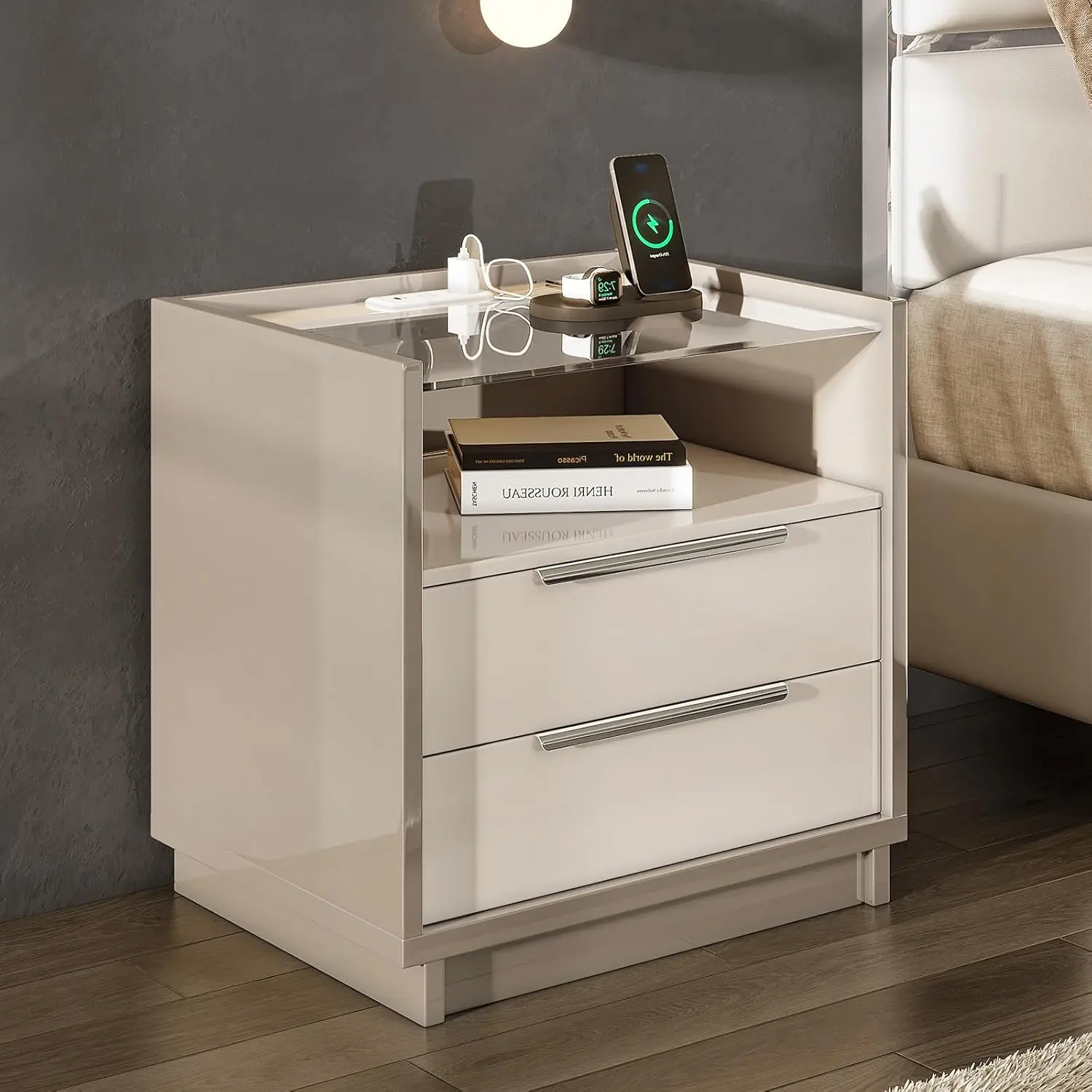 Amerlife 23.6" High Gloss Modern Accent End Table - Rectangle Glass Tabletop, Metal Legs, Charging Station, 2 Drawers, Bedroom Nightstand, Ideal Christmas Gift, 2-Tier Design, Assembly Required