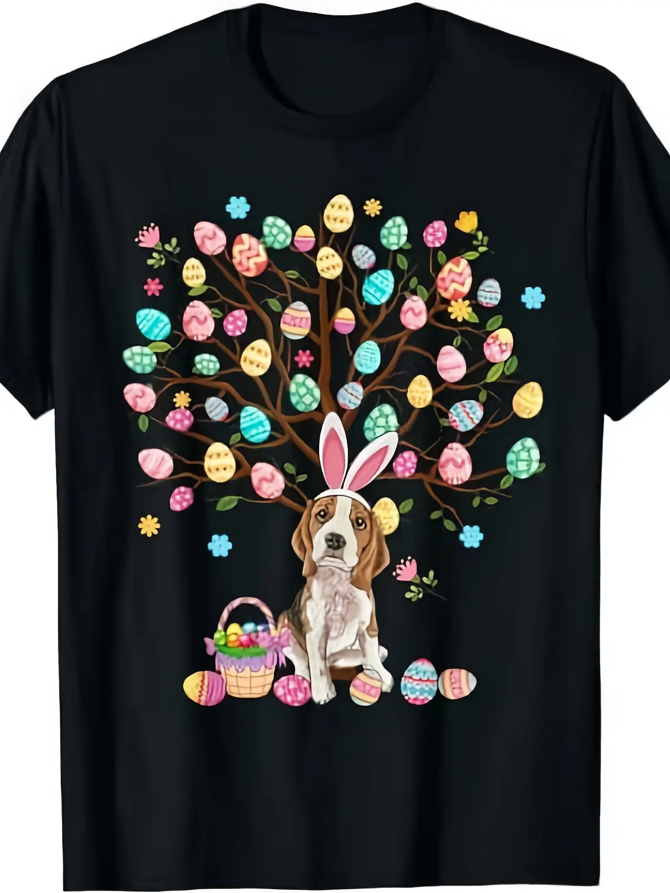 Easter Eggs Tree Beagle Dog Wearing Bunny Ear T-Sh unisex soft cotton short sleeve t shirt, vintage graphic casual tee for men women teens, perfect birthday holiday gift for camping travel gym daily street  wear