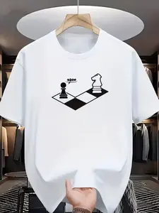 Chess Pieces (pawn and Knight) Chessboard Pattern Print, Fashionable Versatile Men's Casual T-Shirt, Comfortable Daily Wear