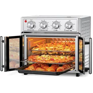PlumChef 27.5 Quart Extra Large Family-Size 6 Slices Digital Air Fryer Convection Toaster Oven, French Door, 1700W, Multifunction Oven for Air Fryer, with Visible Window Toast, Grill, Defrost, Bake (Stainless Steel) 