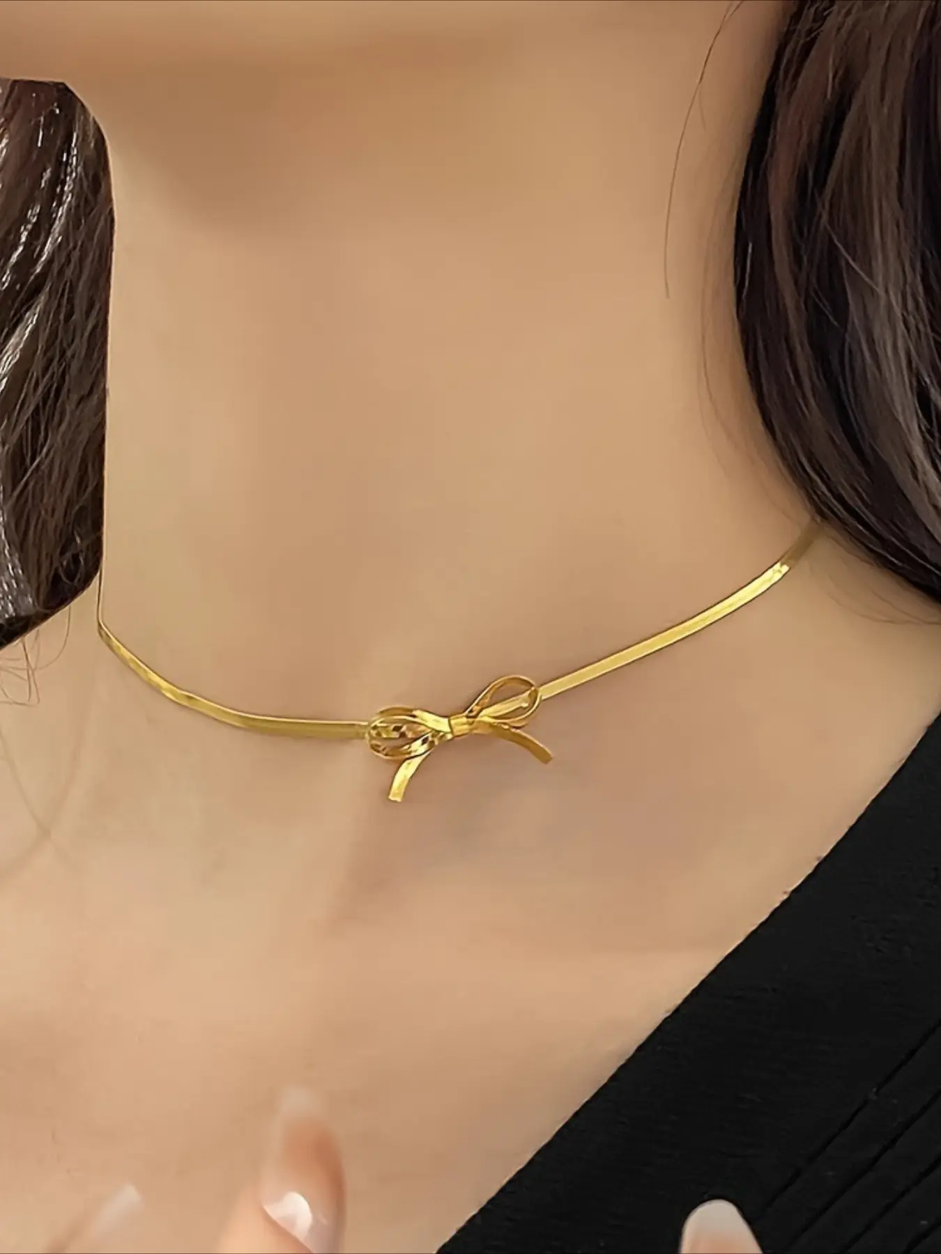 1 European Classic Stainless Steel Flat Snake Chain Bow Tie Necklace for Women