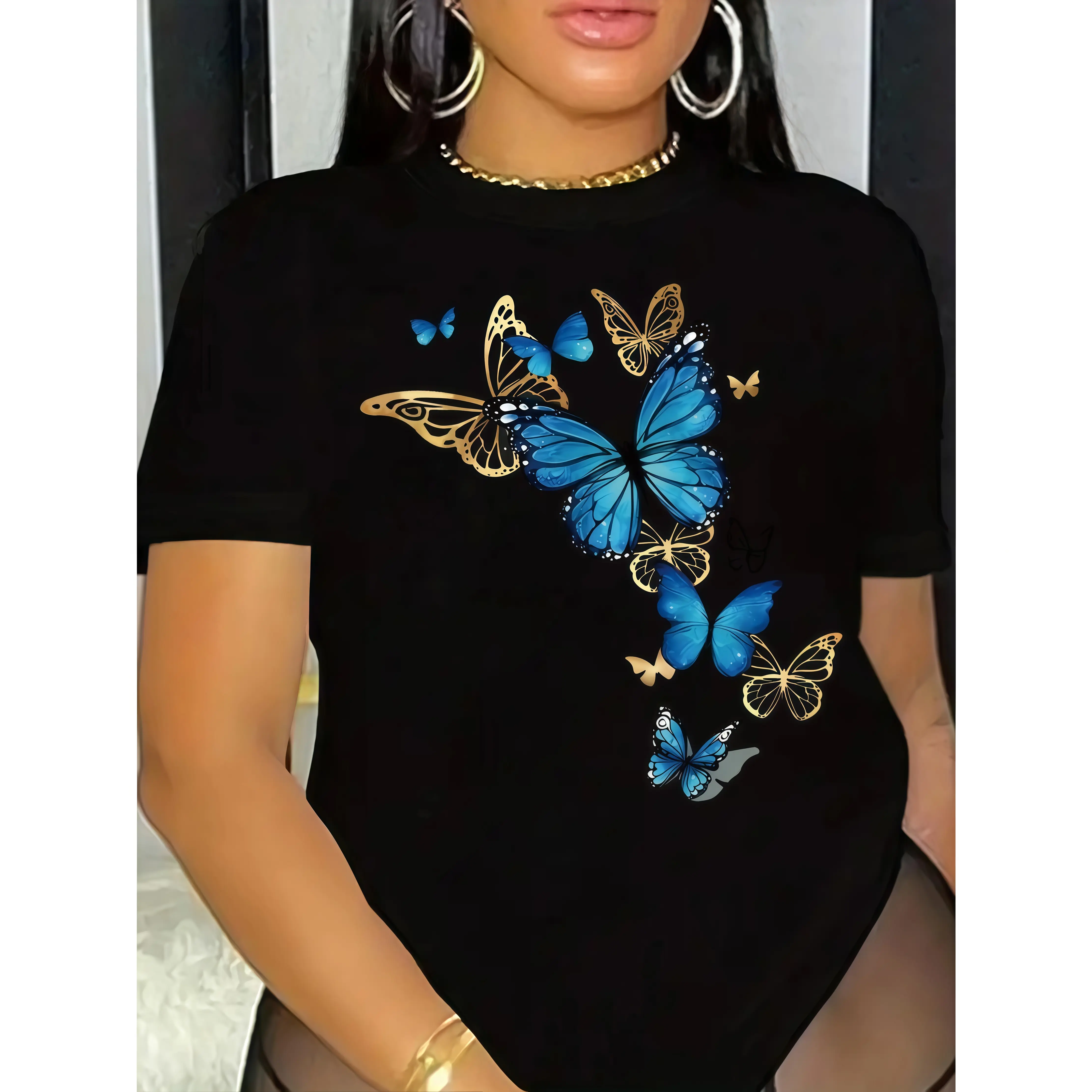 Short Sleeve Butterfly Print T-Shirt - Women's Clothing for Spring Men's and Women's Gifts Retro summer OOTD Casual Cotton Menswear Crew Neck Graphic Print Tee Top Womenswear Streetwear Tshirt