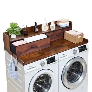 VEVOR Washer Dryer Countertop with Shelf, 54 x 27.5 in Wooden Washer and Dryer Topper with 2 Drawers & 2 Hooks, Laundry Machine Topper for Laundry Closet Pantry Counter Organization and Storage, Brow
