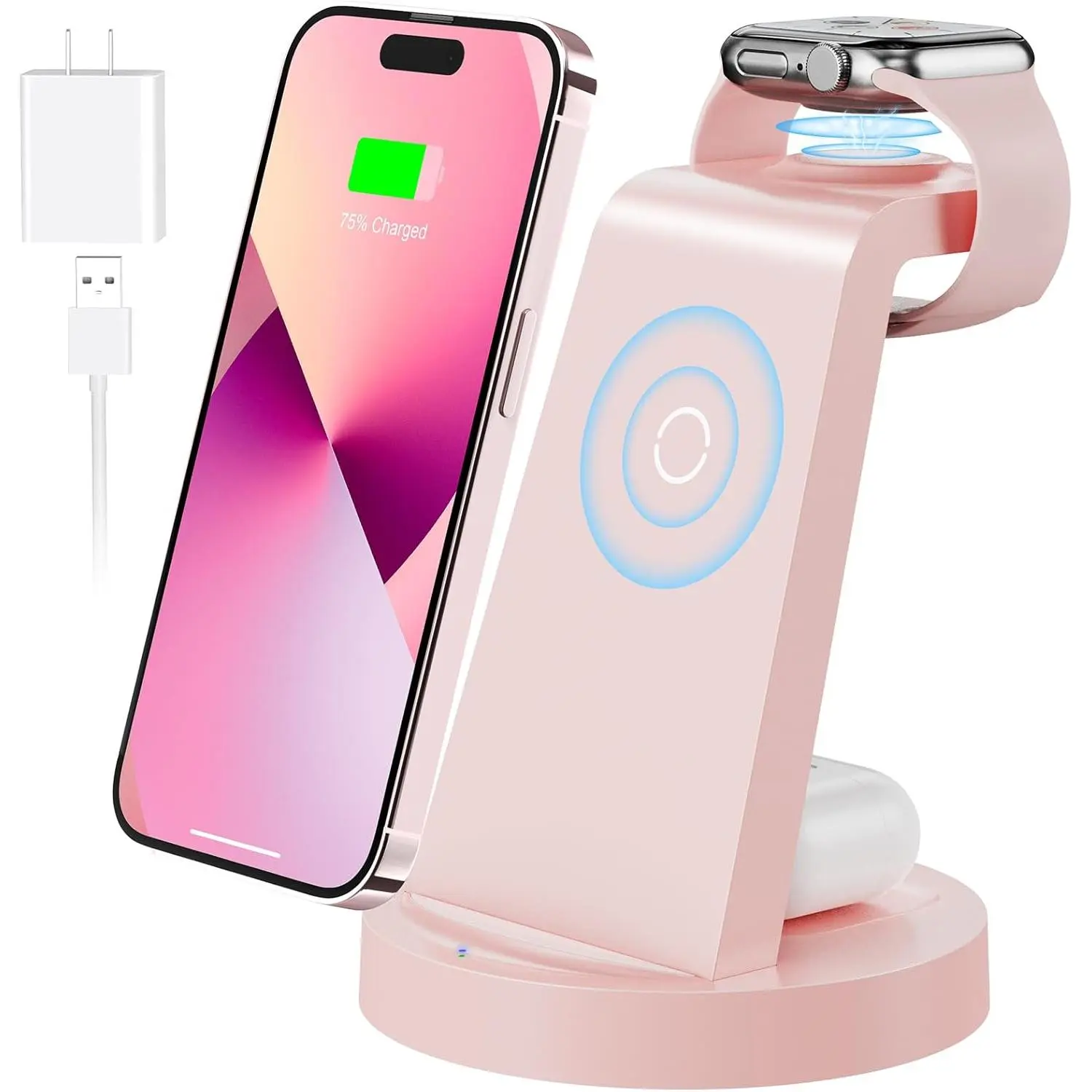 3 in 1 Charging Station for  Device, Wireless Charger for iPhone 16 15 14 13 12 11 Pro Max &  Watch iwatch- Charging Stand Dock for AirPods (Pink)