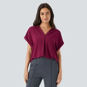 Halara Collared V Neck Short Sleeve Curved Hem Work Shirt