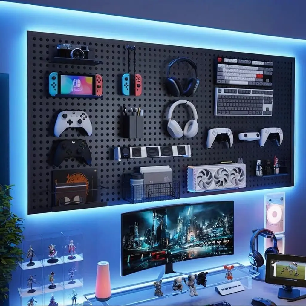 Peg Board with RGB+IC LED Strip Lights Gaming Room Wall Organizer Peg ...