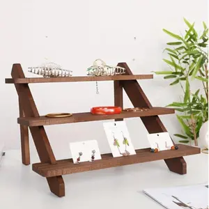 Vintage Multi-Tier Wooden Jewelry Display Stand, Rustic Storage Organizer for Earrings Rings Trinkets, Natural Wood Finish Jewelery Holder